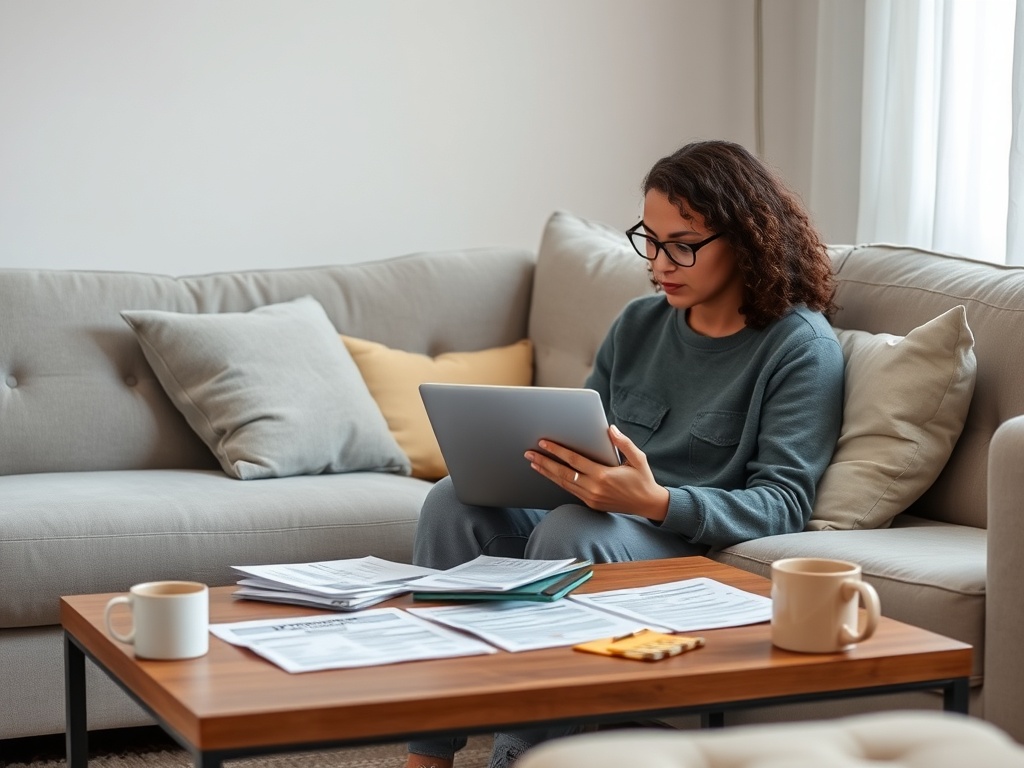 Женщина сидит на диване с ноутбуком, вокруг рассыпаны документы и чашка кофе на столе.