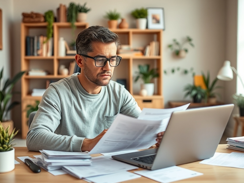 Ипотека и дополнительные требования банков к созаёмщикам Мужчина в сером свитере изучает документы за столом с ноутбуком и растениями на фоне.