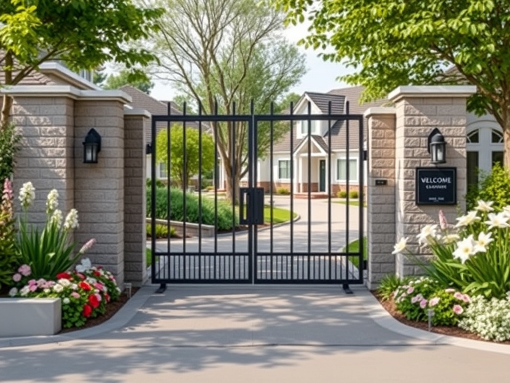 Как выбрать коттеджный поселок Уютный вход с воротами в дом, окруженный зелеными деревьями и цветами. Добро пожаловать!