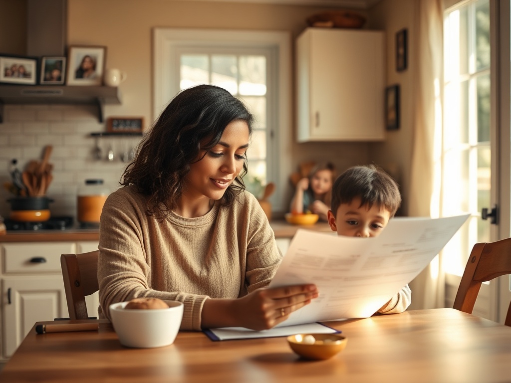 На изображении женщина и ребенок рассматривают документы за кухонным столом в уютной обстановке.