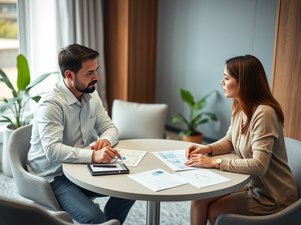 Два человека сидят за столом, обсуждая документы и графики в современном офисе с зелеными растениями.