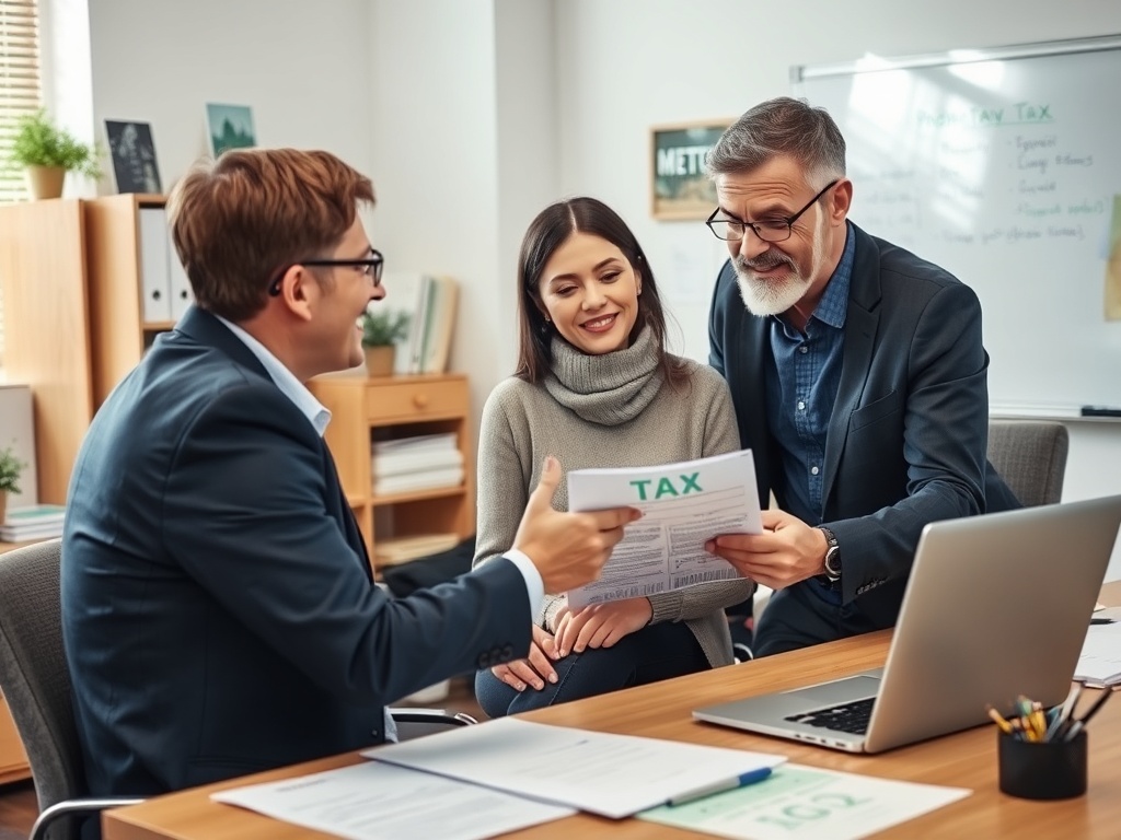 Какие налоги платят владельцы недвижимости На встрече обсуждаются налоговые документы с консультантом и клиентом.