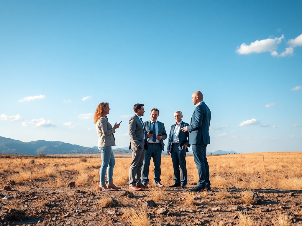Стоит ли покупать землю под инвестиции Группа людей в деловых костюмах обсуждает что-то на фоне гор и голубого неба.