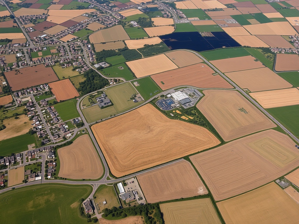 Какие налоги платят владельцы недвижимости Аэроснимок сельскохозяйственных угодий и жилых районов, разделенных дорогами и полями различного цвета.
