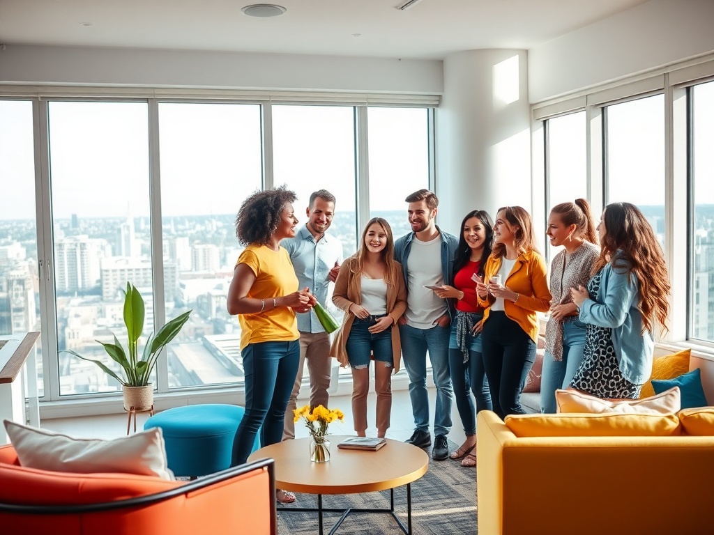 Группа молодых людей обсуждает что-то в светлом офисе с большими окнами и уютной мебелью.