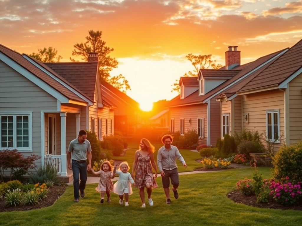 Как выбрать коттеджный поселок Семья из четырех человек гуляет по зеленой лужайке на фоне заката в жилом районе.