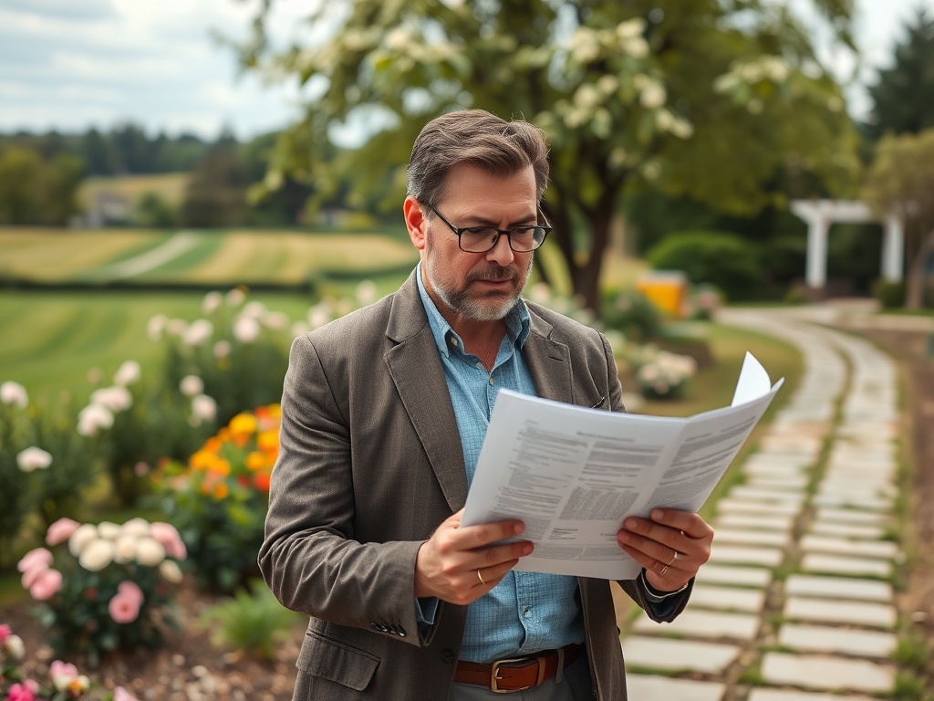 Стоит ли покупать землю под инвестиции Мужчина в очках читает документы на улице среди зелени и цветущих растений.