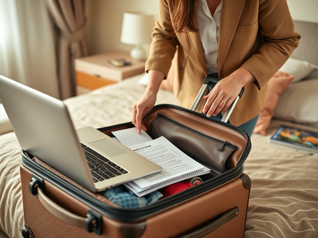 Женщина собирает ноутбук и документы в чемодан на кровати в гостиничном номере.